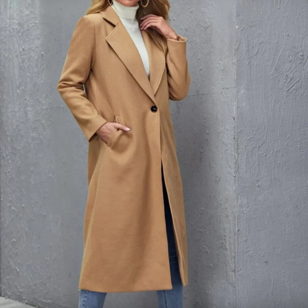XS 🔅 winter peacoat trench long jacket camel tan brown long line - Picture 2 of 12